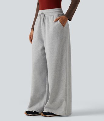 High Waisted Drawstring Wide Leg Fleece Casual Sweatpants with Pockets High Waisted Drawstring Wide Leg Fleece Casual Sweatpants with Pockets