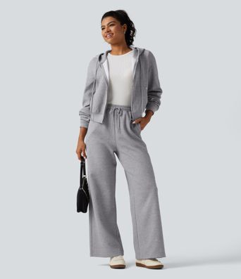 High Waisted Jacquard Patterned Wide Leg Casual Joggers with Pockets