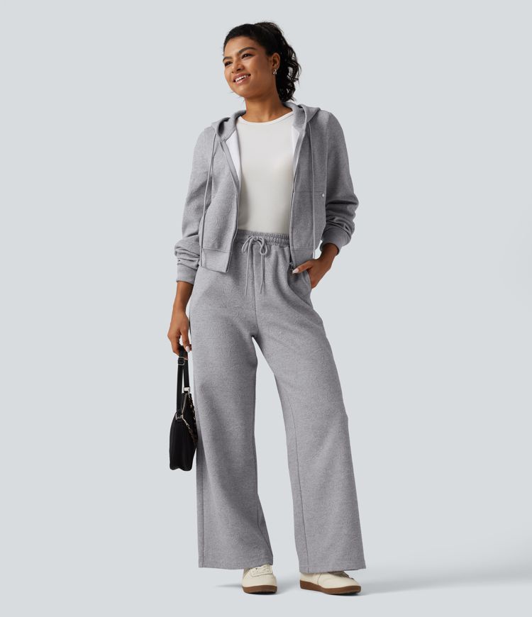 High Waisted Jacquard Patterned Wide Leg Casual Joggers with Pockets