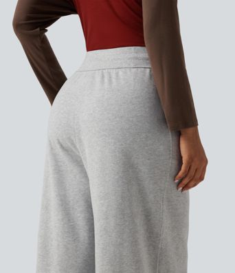 High Waisted Drawstring Wide Leg Fleece Casual Sweatpants with Pockets High Waisted Drawstring Wide Leg Fleece Casual Sweatpants with Pockets
