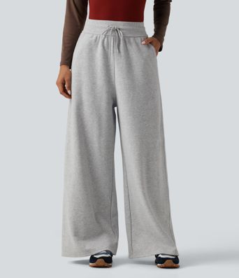 High Waisted Drawstring Wide Leg Fleece Casual Sweatpants with Pockets High Waisted Drawstring Wide Leg Fleece Casual Sweatpants with Pockets