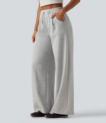 High Waisted Drawstring Wide Leg Fleece Casual Sweatpants with Pockets High Waisted Drawstring Wide Leg Fleece Casual Sweatpants with Pockets