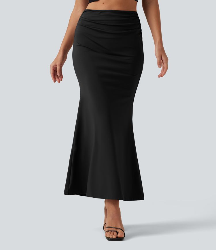 Tummy Control High Waisted 2-in-1 Ruched Casual Midi Mermaid Skirt