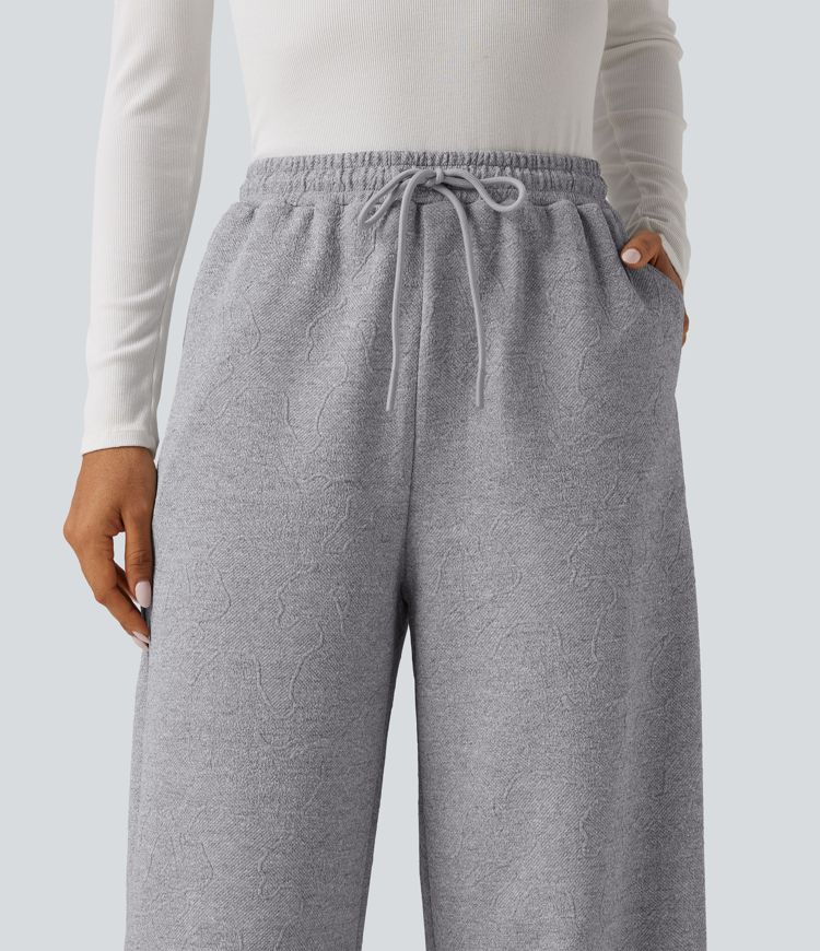 High Waisted Jacquard Patterned Wide Leg Casual Joggers with Pockets