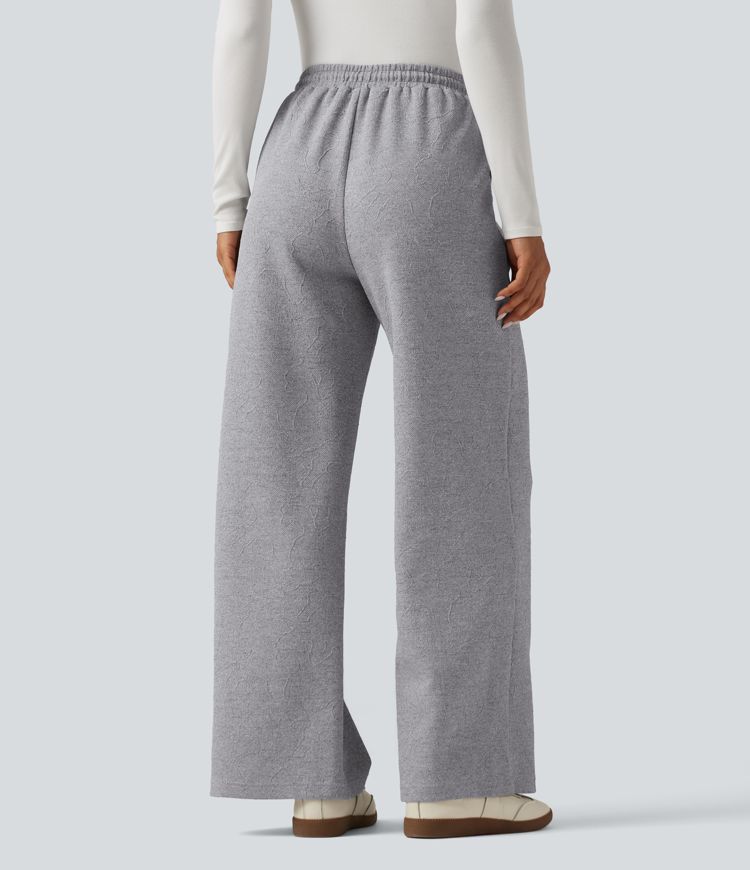High Waisted Jacquard Patterned Wide Leg Casual Joggers with Pockets