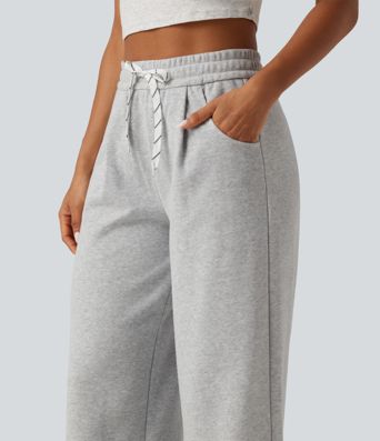 High Waisted Drawstring Wide Leg Fleece Casual Sweatpants with Pockets High Waisted Drawstring Wide Leg Fleece Casual Sweatpants with Pockets