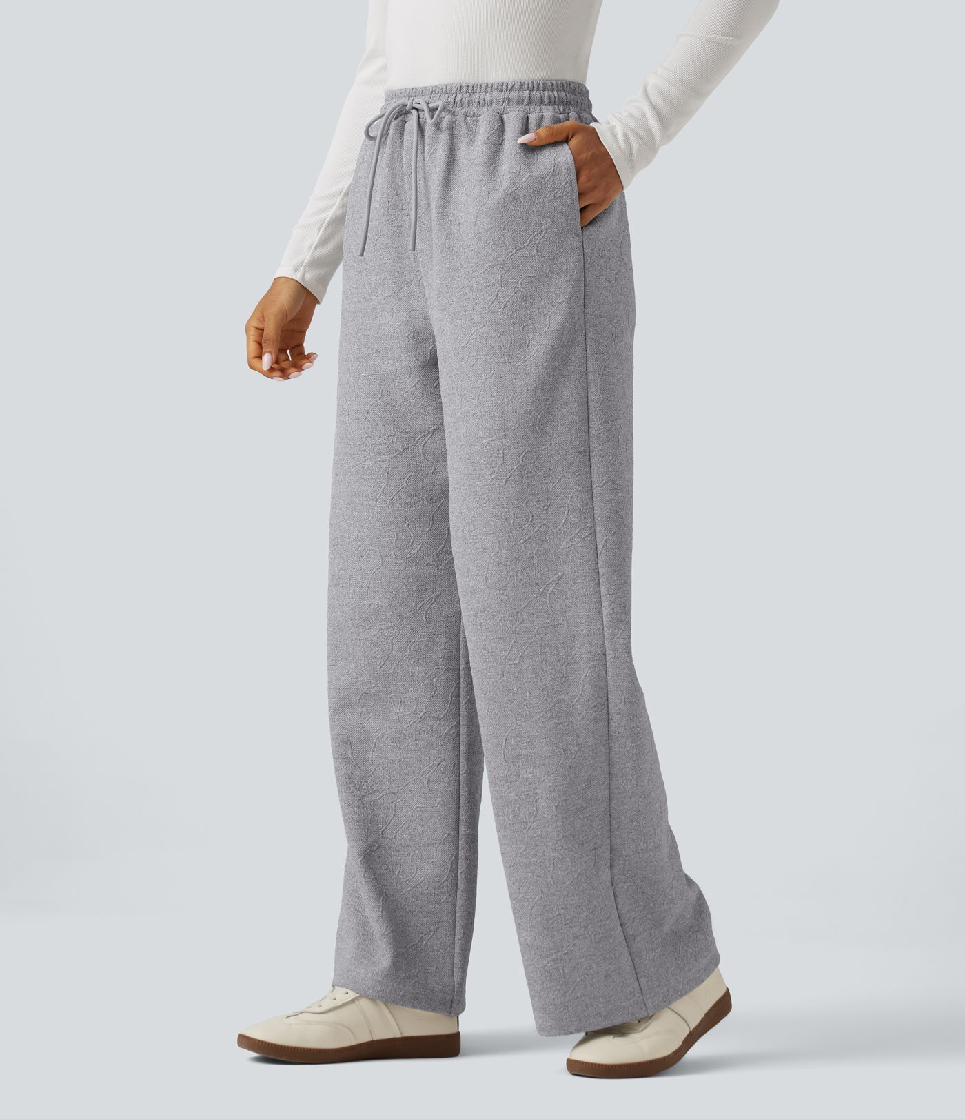 High Waisted Jacquard Patterned Wide Leg Casual Joggers with Pockets