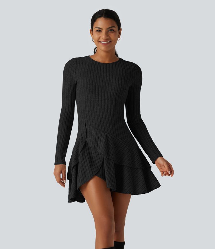 Robe mini en maille côtelée à encolure arrondie, manches longues et volants superposés
