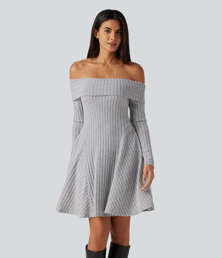 Rippstrick schulterfreies Langarm-Minikleid mit integriertem BH und Taschen Rippstrick schulterfreies Langarm-Minikleid mit integriertem BH und Taschen
