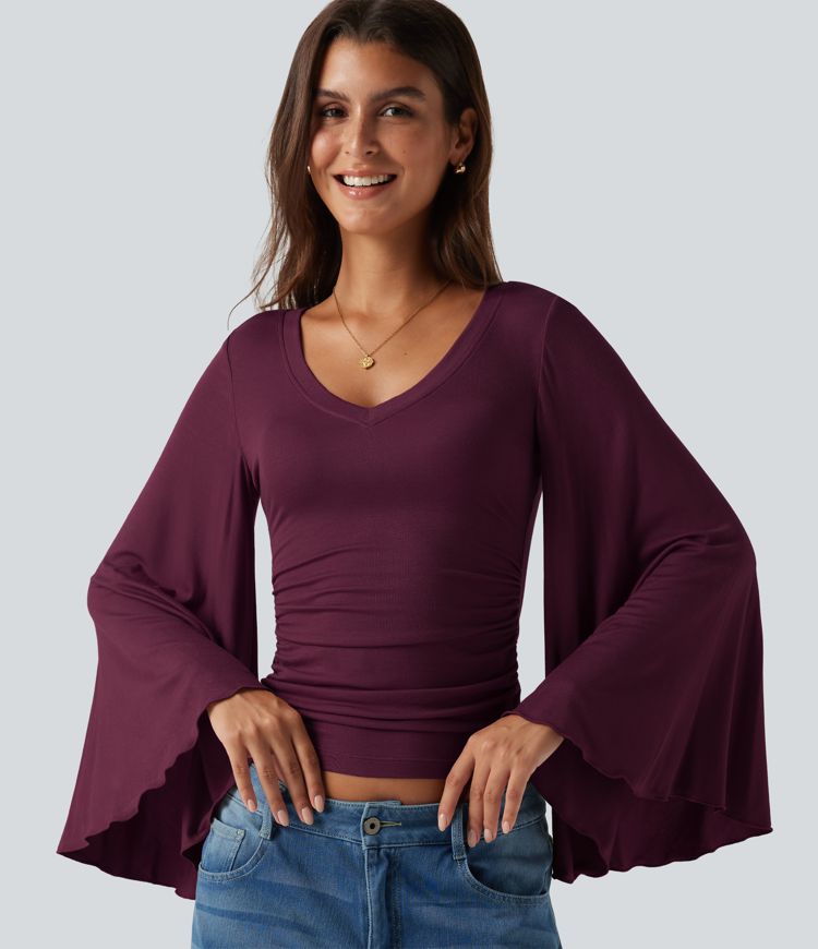 Ribbed V Neck Flounce Sleeve Ruched Casual T-Shirt