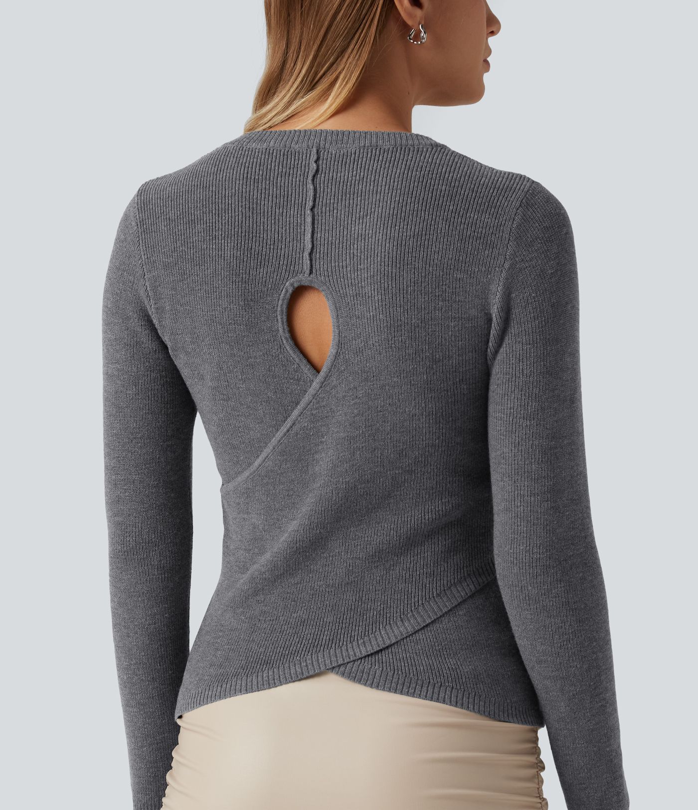 Round Neck Long Sleeve Cut Out Crossover Casual Sweater