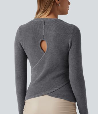 Round Neck Long Sleeve Cut Out Crossover Casual Sweater