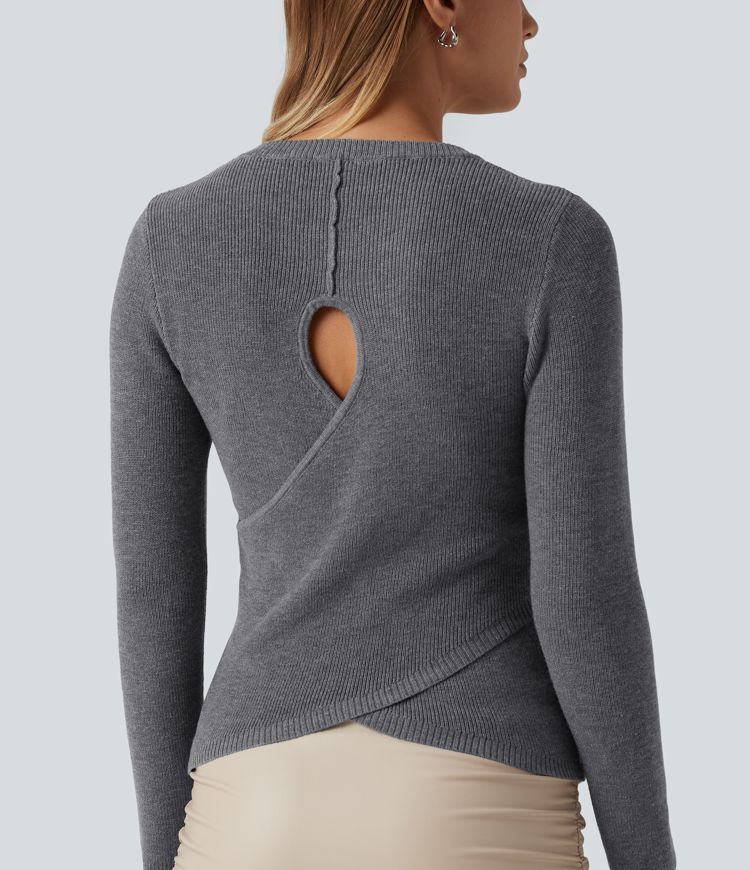 Round Neck Long Sleeve Cut Out Crossover Casual Sweater
