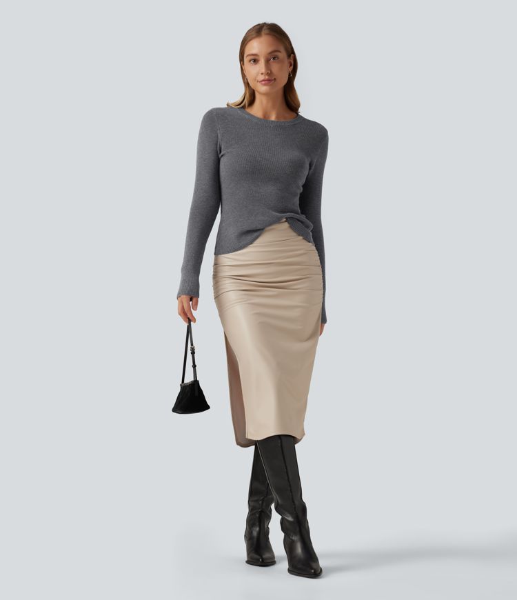 Round Neck Long Sleeve Cut Out Crossover Casual Sweater