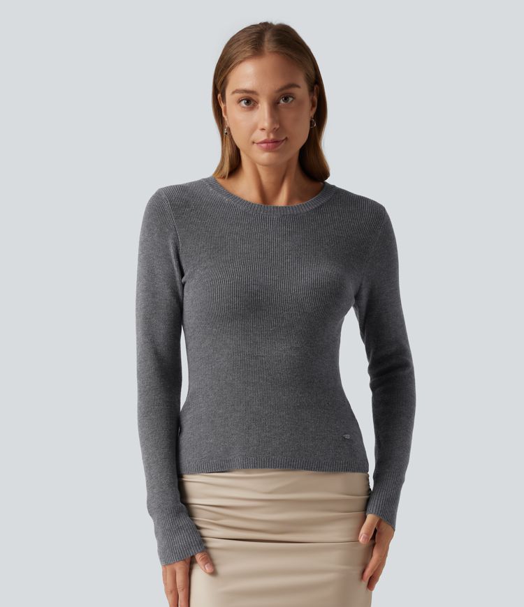 Round Neck Long Sleeve Cut Out Crossover Casual Sweater