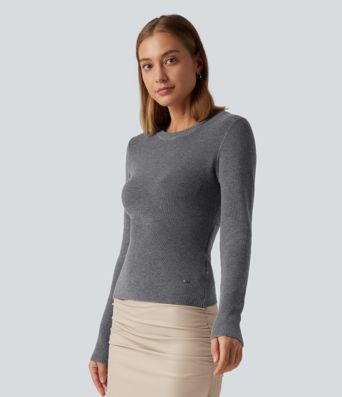 Round Neck Long Sleeve Cut Out Crossover Casual Sweater