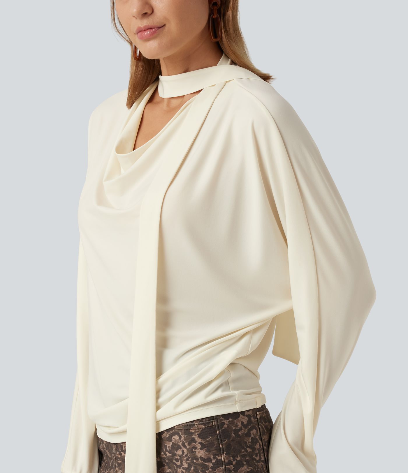 Cowl Neck Long Sleeve Work Top with Scarf