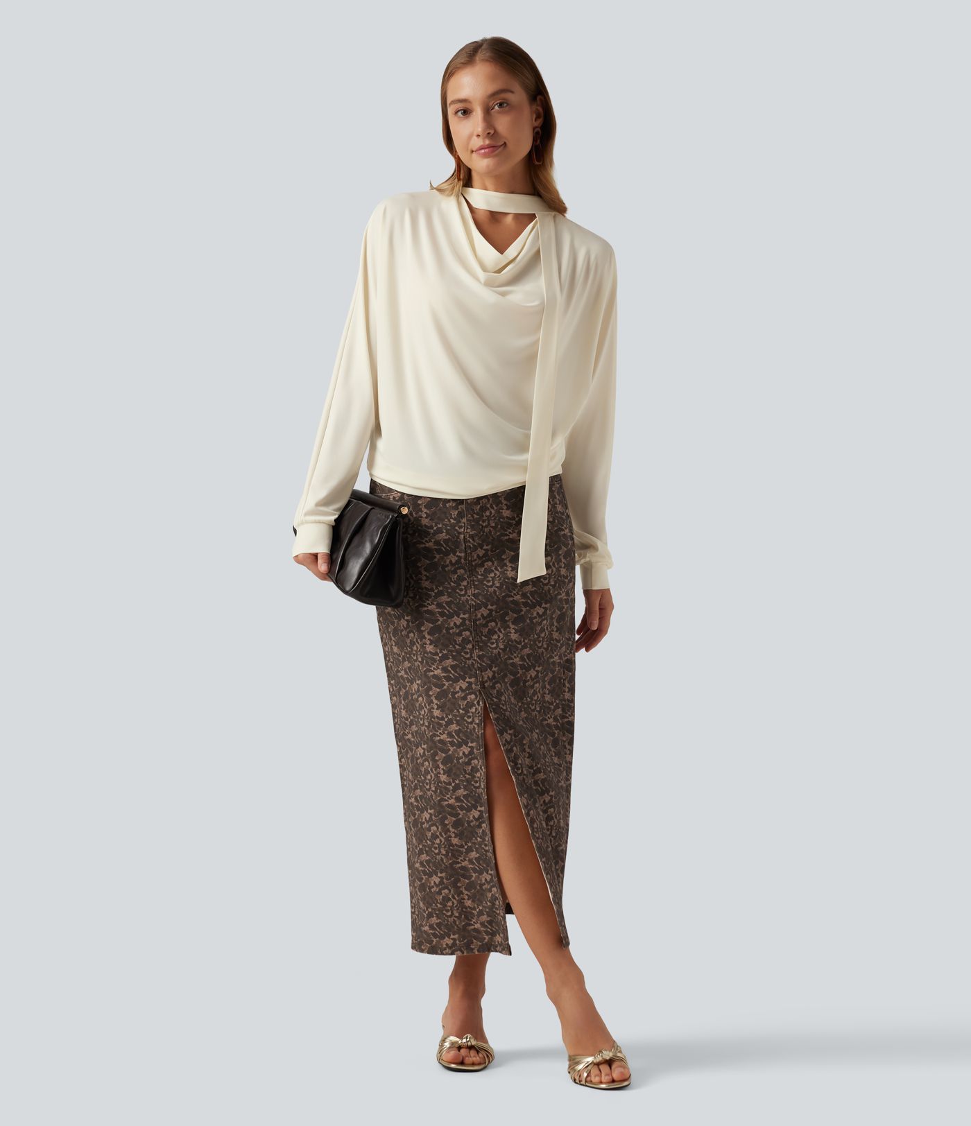 Cowl Neck Long Sleeve Work Top with Scarf
