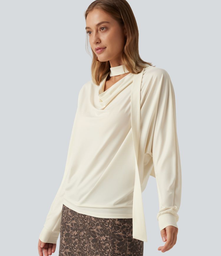 Cowl Neck Long Sleeve Work Top with Scarf