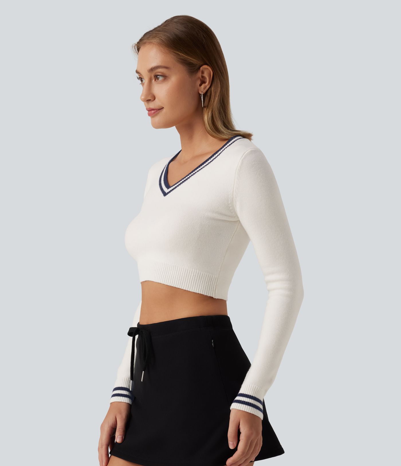V Neck Slim Long Sleeve Patterned Casual Cropped Sweater