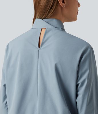 Mock Neck Long Sleeve Tie Front Work Blouse
