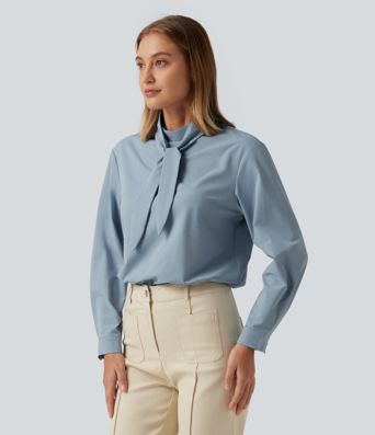 Mock Neck Long Sleeve Tie Front Work Blouse