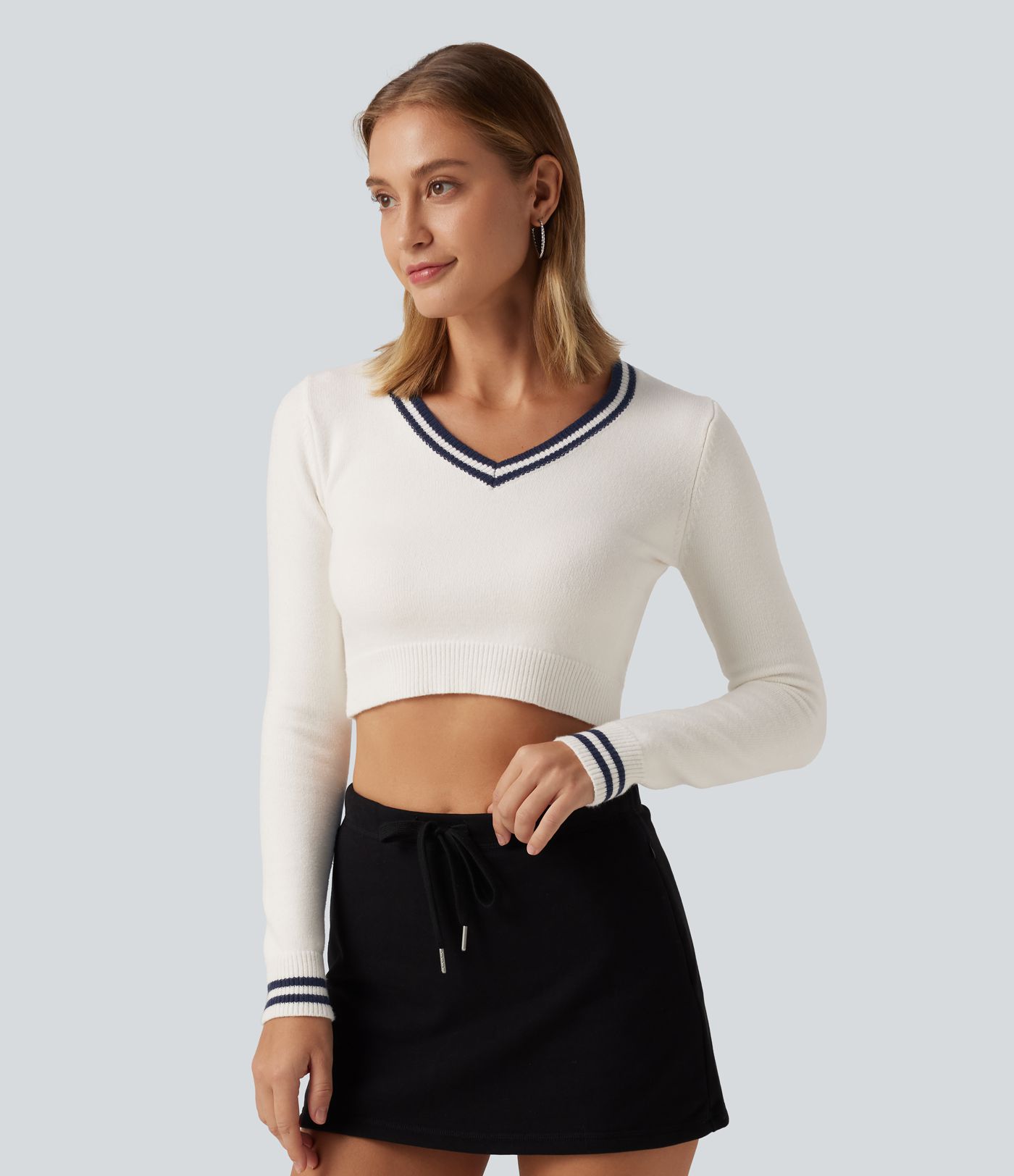 V Neck Slim Long Sleeve Patterned Casual Cropped Sweater