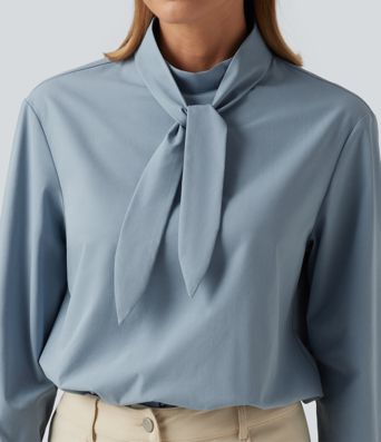 Mock Neck Long Sleeve Tie Front Work Blouse