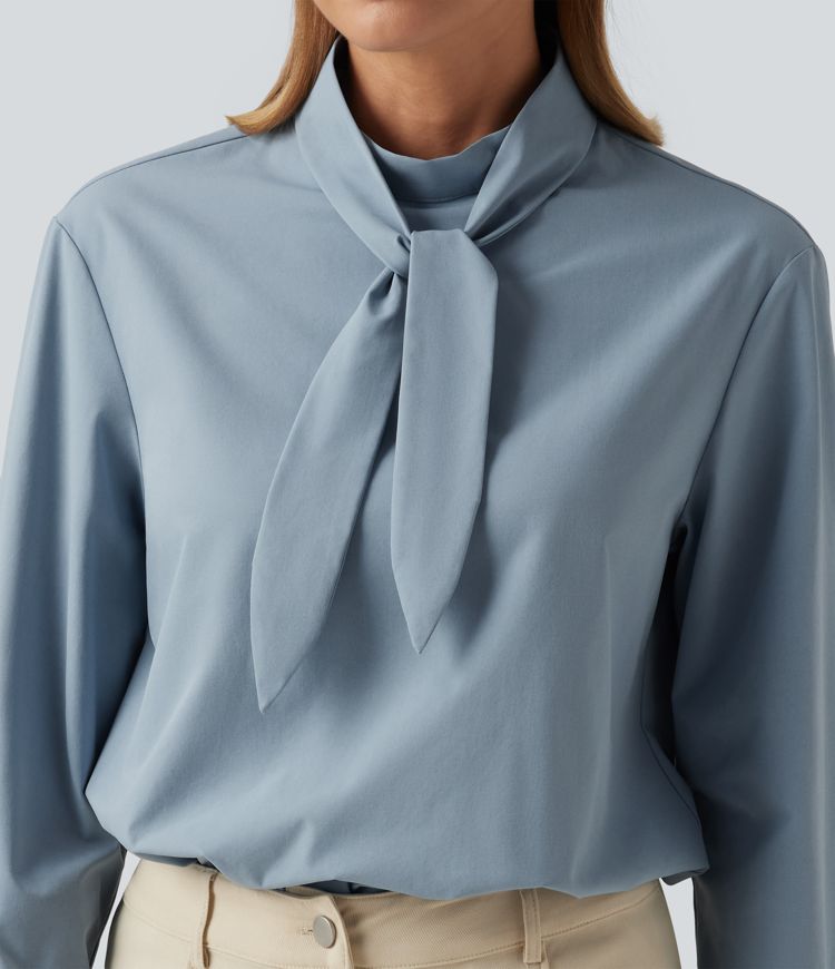 Mock Neck Long Sleeve Tie Front Work Blouse