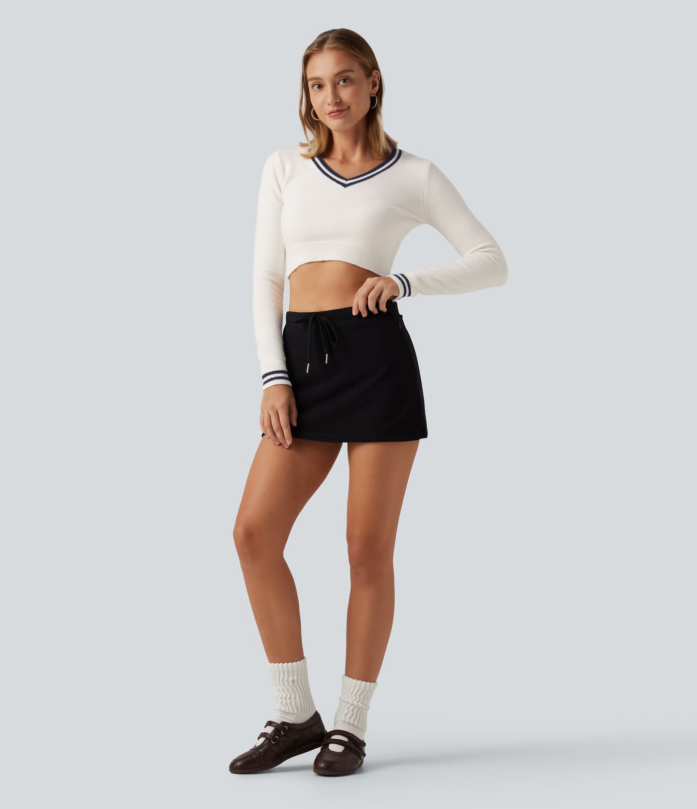 V Neck Slim Long Sleeve Patterned Casual Cropped Sweater