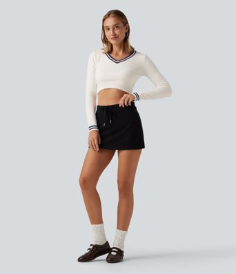 V Neck Slim Long Sleeve Patterned Casual Cropped Sweater