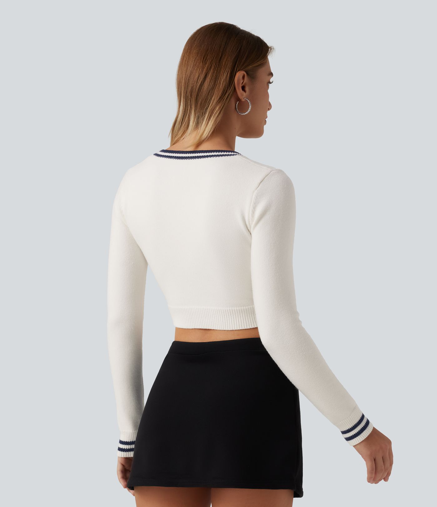 V Neck Slim Long Sleeve Patterned Casual Cropped Sweater