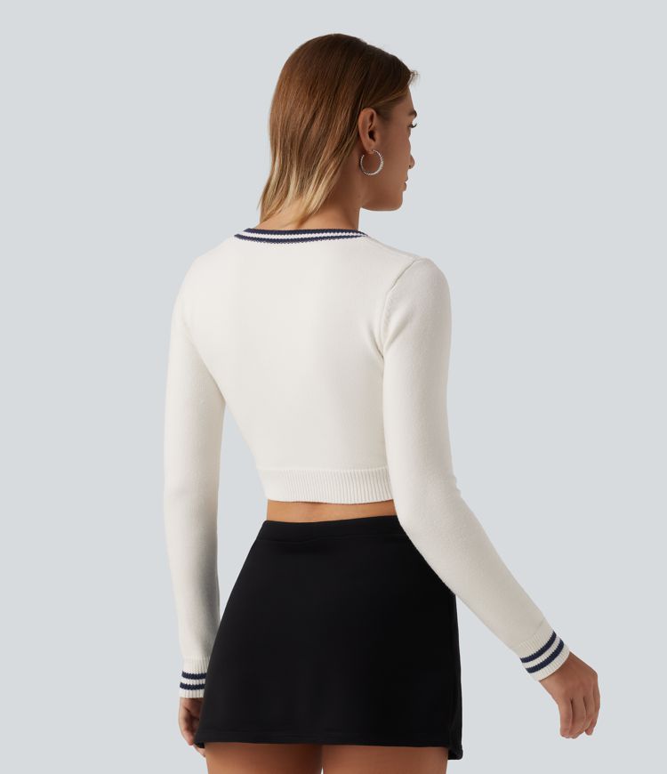V Neck Slim Long Sleeve Patterned Casual Cropped Sweater