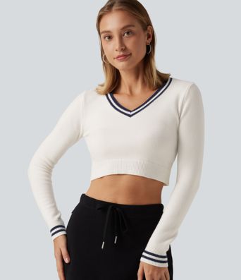 V Neck Slim Long Sleeve Patterned Casual Cropped Sweater