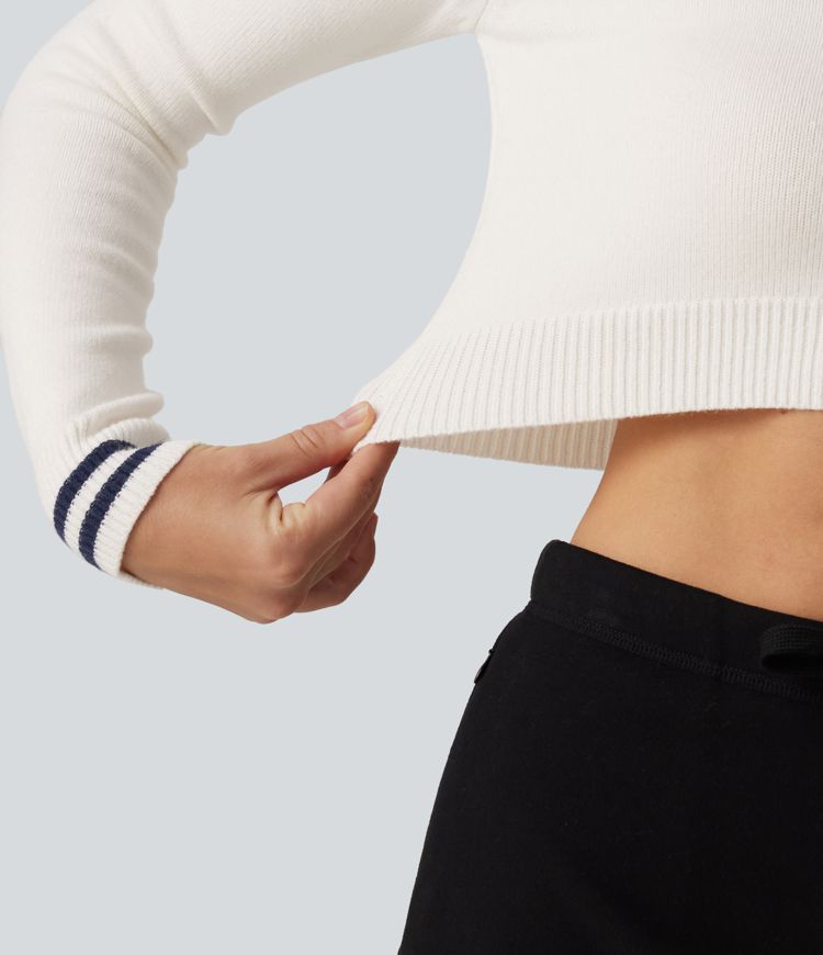 V Neck Slim Long Sleeve Patterned Casual Cropped Sweater
