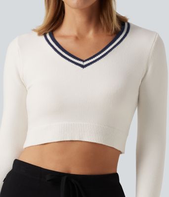 V Neck Slim Long Sleeve Patterned Casual Cropped Sweater