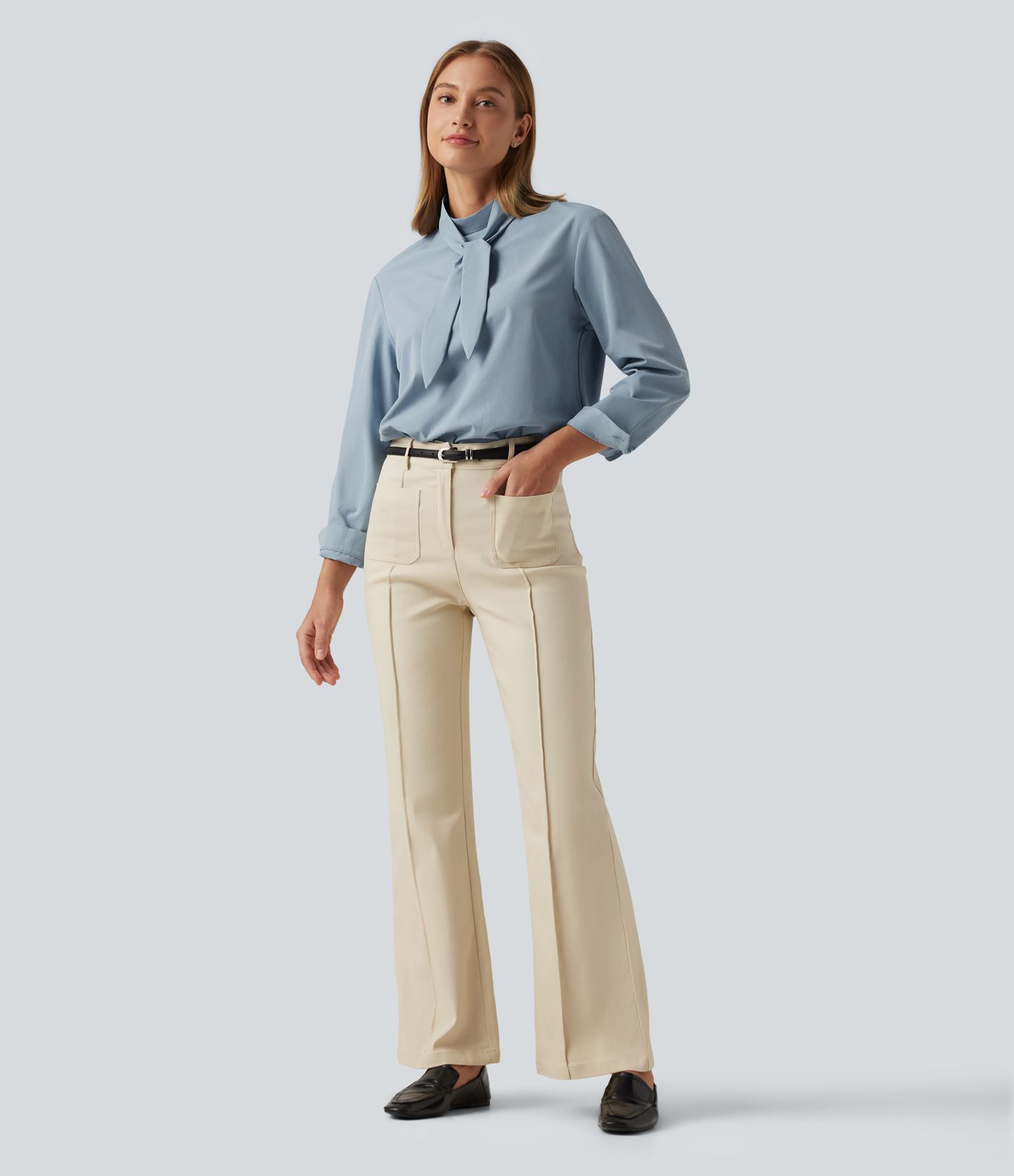Mock Neck Long Sleeve Tie Front Work Blouse
