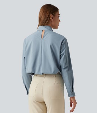 Mock Neck Long Sleeve Tie Front Work Blouse