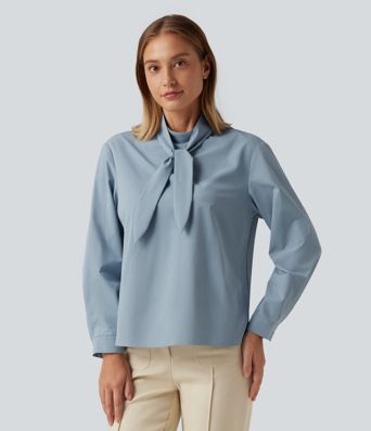 Mock Neck Long Sleeve Tie Front Work Blouse
