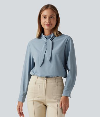 Mock Neck Long Sleeve Tie Front Work Blouse