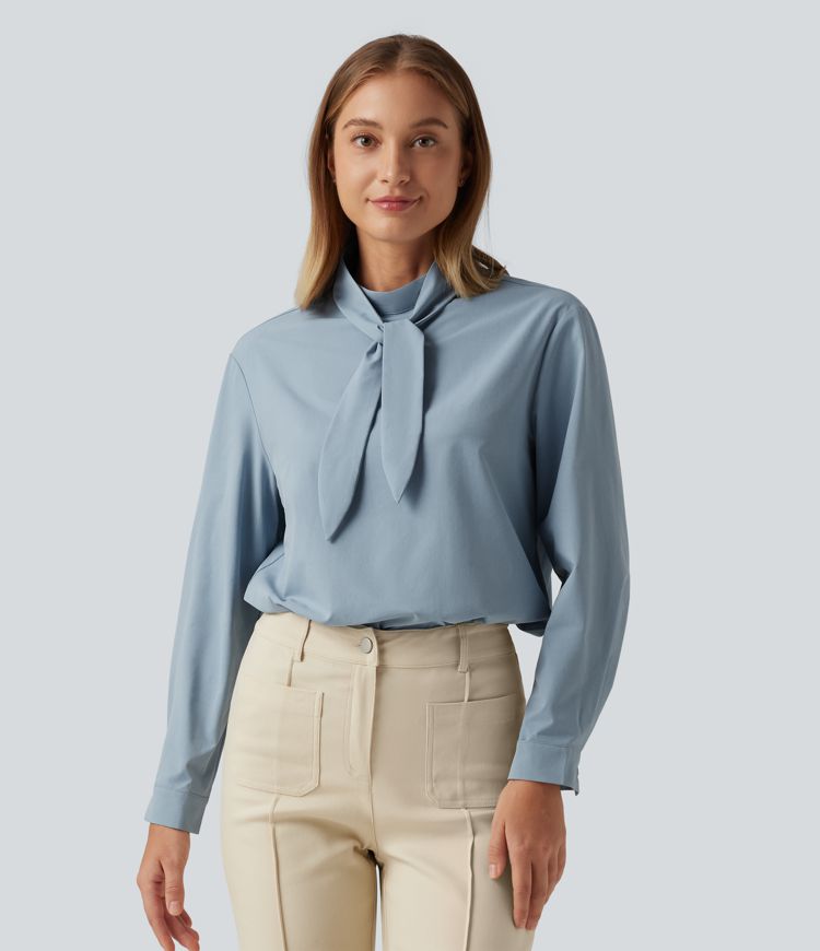 Mock Neck Long Sleeve Tie Front Work Blouse