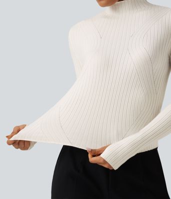 Mock Neck Long Sleeve Slim Work Sweater with Thumbholes Mock Neck Long Sleeve Slim Work Sweater with Thumbholes