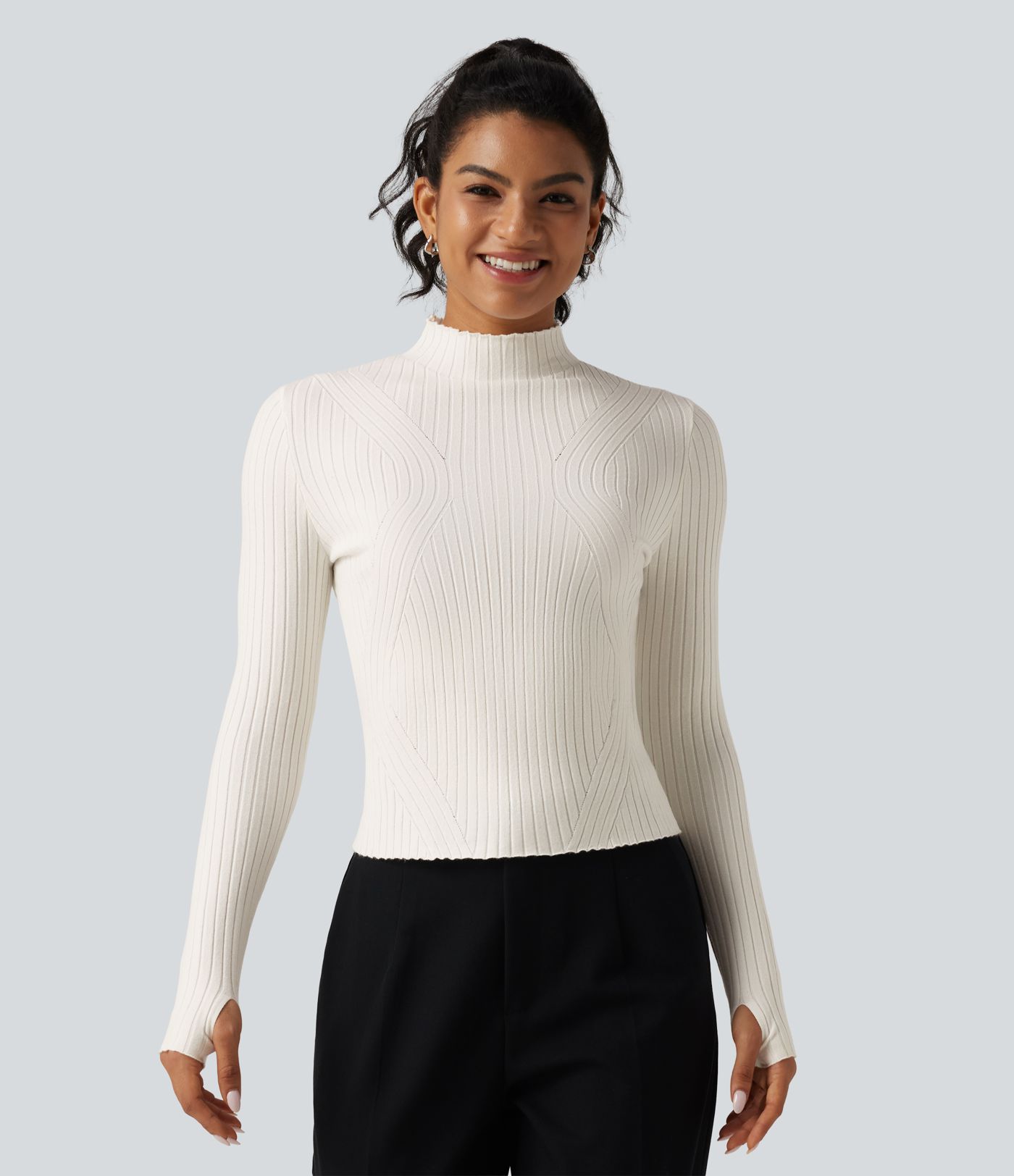 Mock Neck Long Sleeve Slim Work Sweater with Thumbholes Mock Neck Long Sleeve Slim Work Sweater with Thumbholes