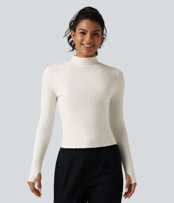 Mock Neck Long Sleeve Slim Work Sweater with Thumbholes Mock Neck Long Sleeve Slim Work Sweater with Thumbholes