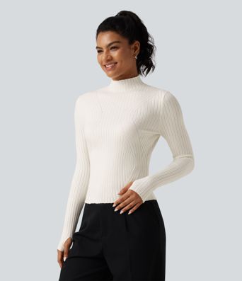 Mock Neck Long Sleeve Slim Work Sweater with Thumbholes Mock Neck Long Sleeve Slim Work Sweater with Thumbholes