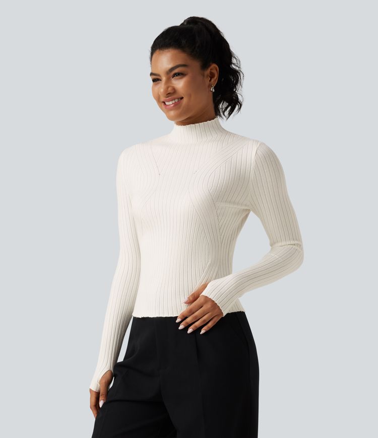 Mock Neck Long Sleeve Slim Work Sweater with Thumbholes Mock Neck Long Sleeve Slim Work Sweater with Thumbholes