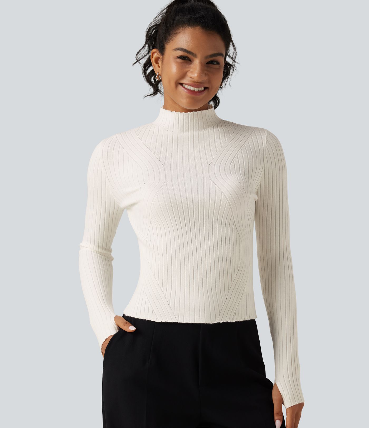 Mock Neck Long Sleeve Slim Work Sweater with Thumbholes Mock Neck Long Sleeve Slim Work Sweater with Thumbholes