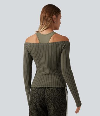 2-teiliges Set mit schulterfreiem, geripptem Lounge-Top mit langen Ärmeln und integriertem BH