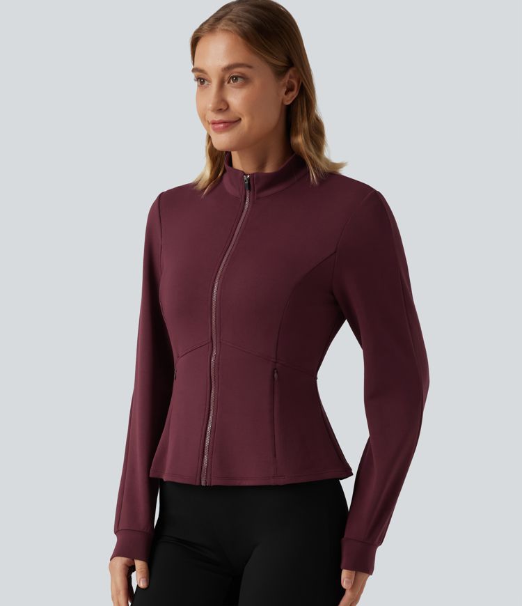 SpacerTek™ Stand Collar Zip Fly Long Sleeve Ruffle Hem Yoga Jacket with Pockets