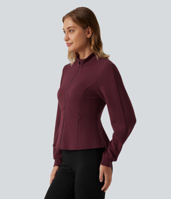 SpacerTek™ Stand Collar Zip Fly Long Sleeve Ruffle Hem Yoga Jacket with Pockets